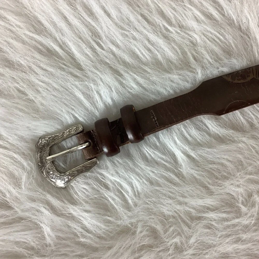 Martin Dingman Brown Tooled Leather Belt & Silver Etched Buckle 32